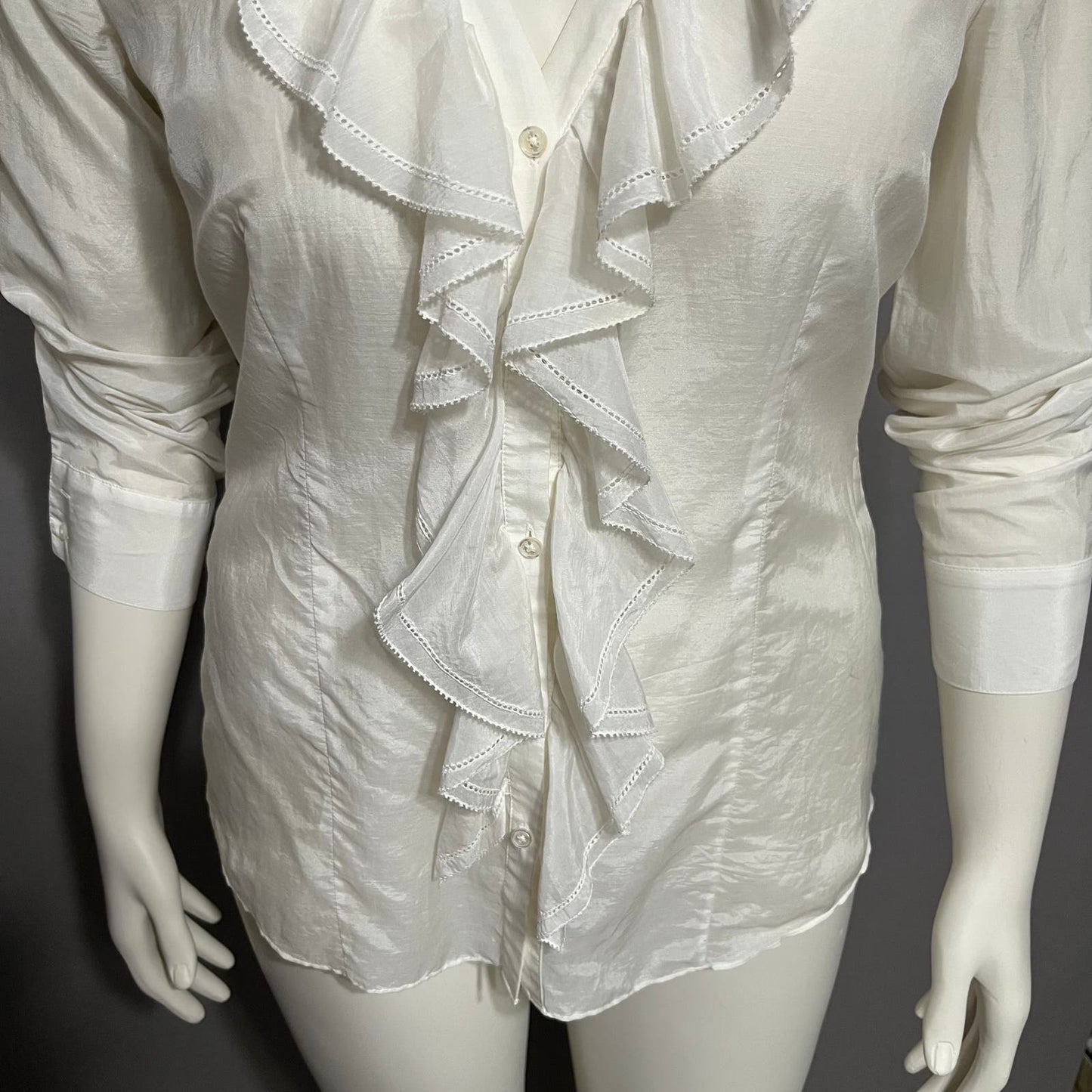 WHBM Cotton Silk Blend V-Neck Ruffle White Long Sleeve Blouse Sz-10