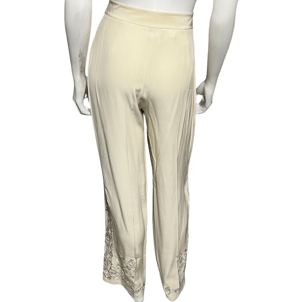 Rena Rowan Crème Silk Blend Embroidered Hem Trouser Pants Sz-6