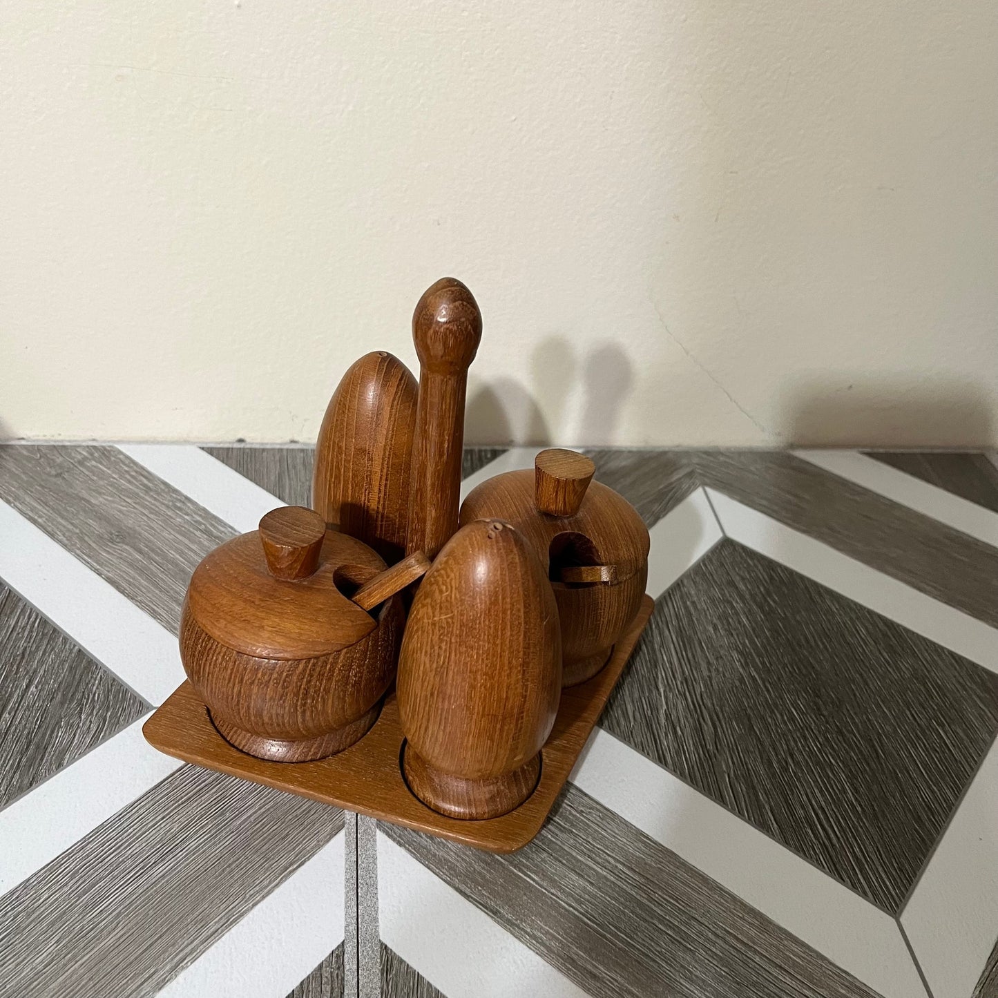 Genuine Burma Teak Condiment Set With Tray Salt & Pepper Shakers & Seasonings