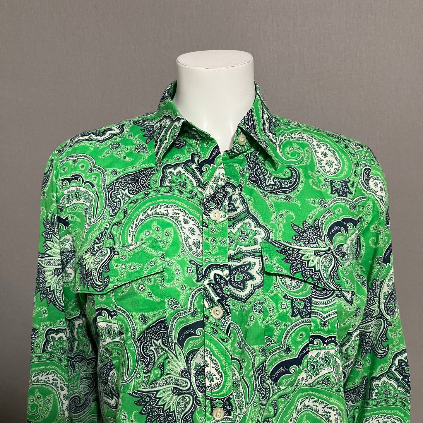 Lauren Ralph Lauren  Green Paisley Lightweight 100% Cotton Button Front Shirt Sz-Large