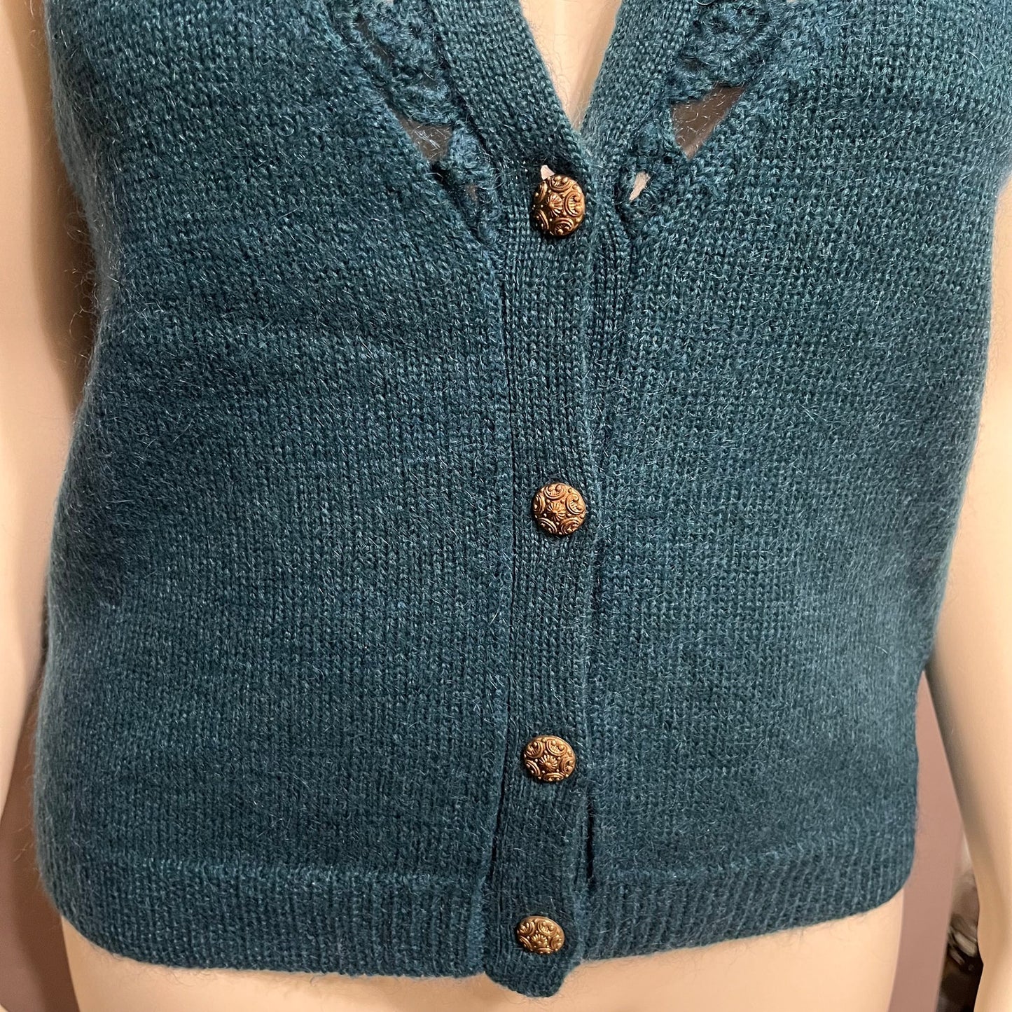 Ms. Russ Vintage Green Mohair Blend Cutout Gold Button Knit Vest Sz-1X