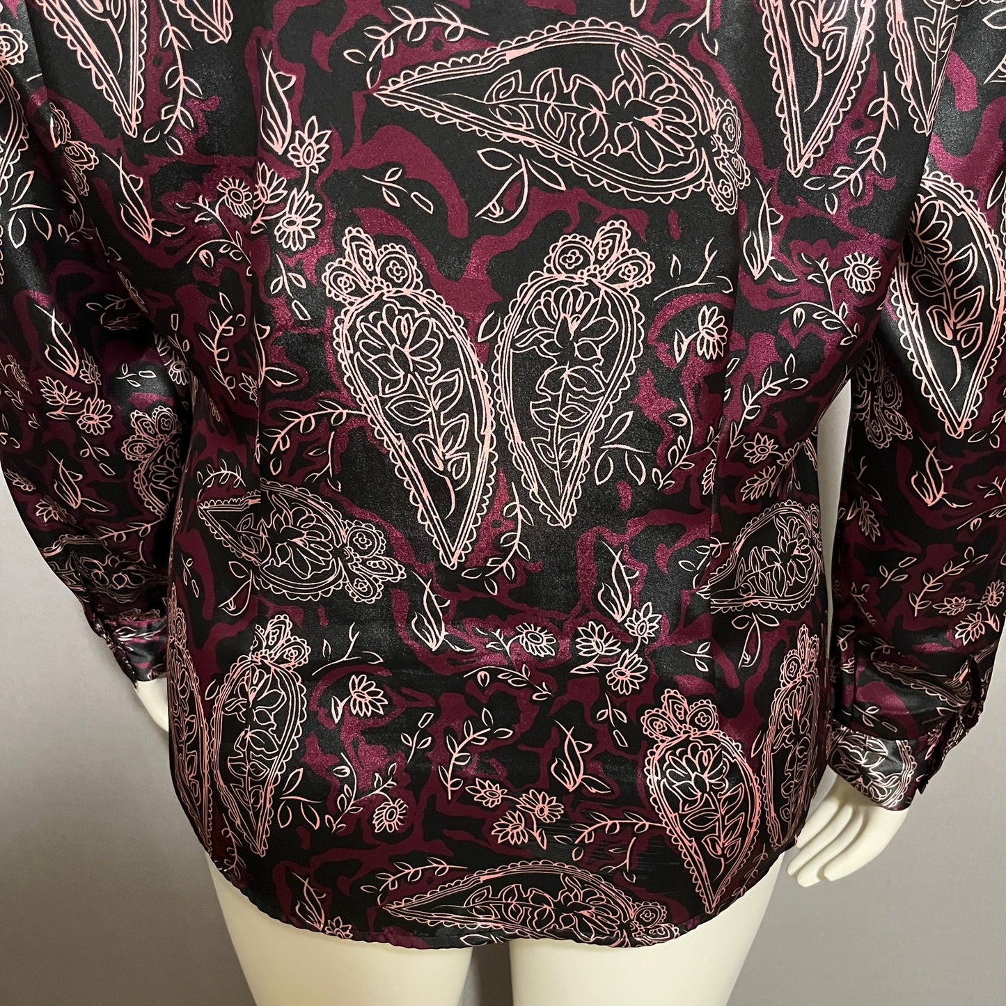 Notations Purple Satin Floral Print Long Sleeve Button Front Blouse Sz-Large