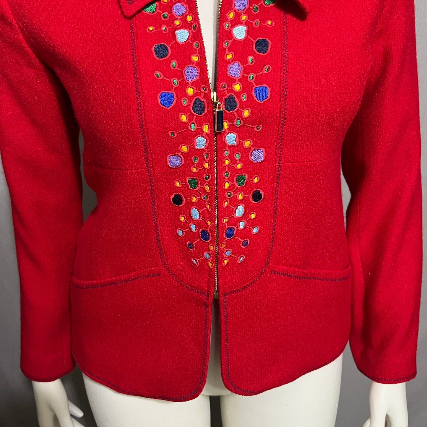 Bloomingdales Red With Multicolored Embroidery Artsy Wool Blazer Sz-8 Petite