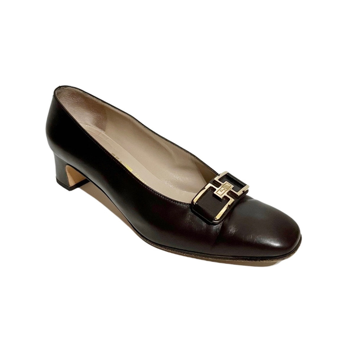 Salvatore Ferragamo Brown Leather Loafers With Gold Buckle Block Heel Sz-6 1/2