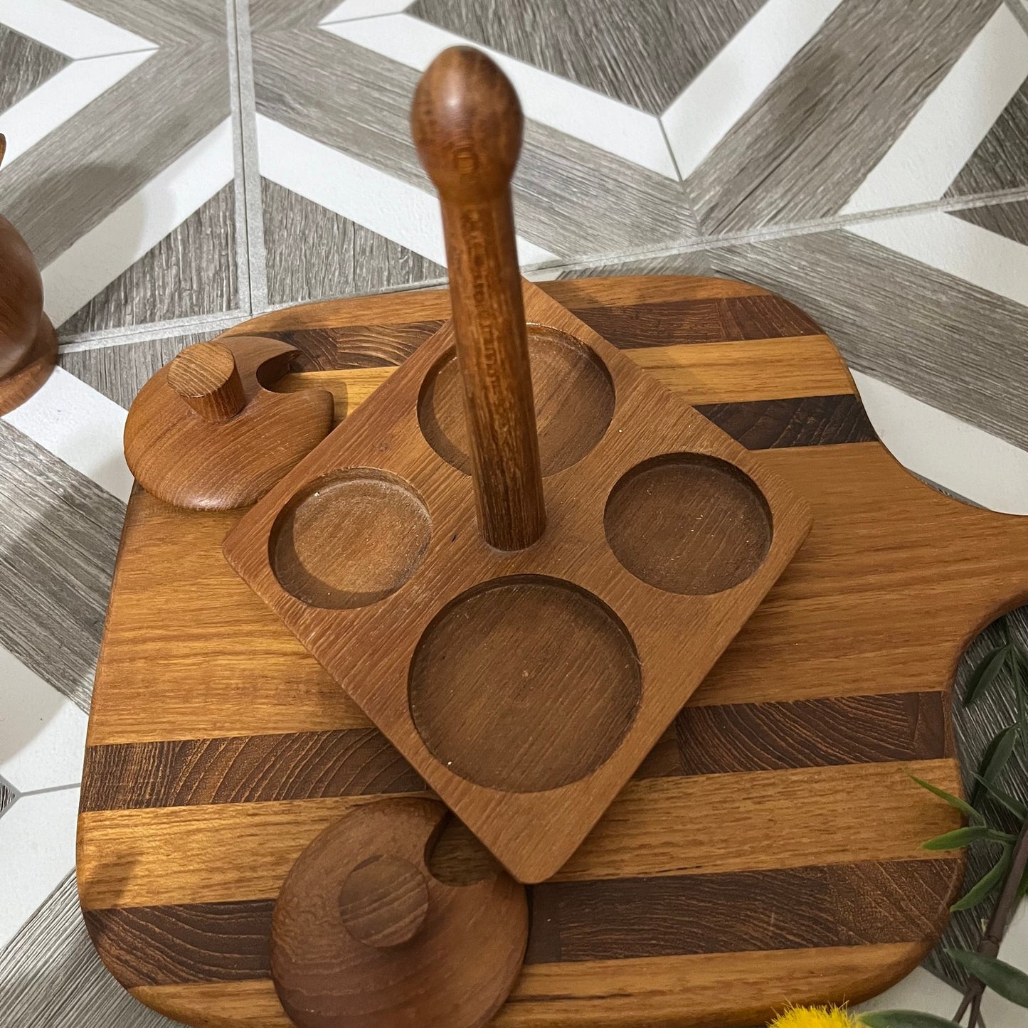 Genuine Burma Teak Condiment Set With Tray Salt & Pepper Shakers & Seasonings