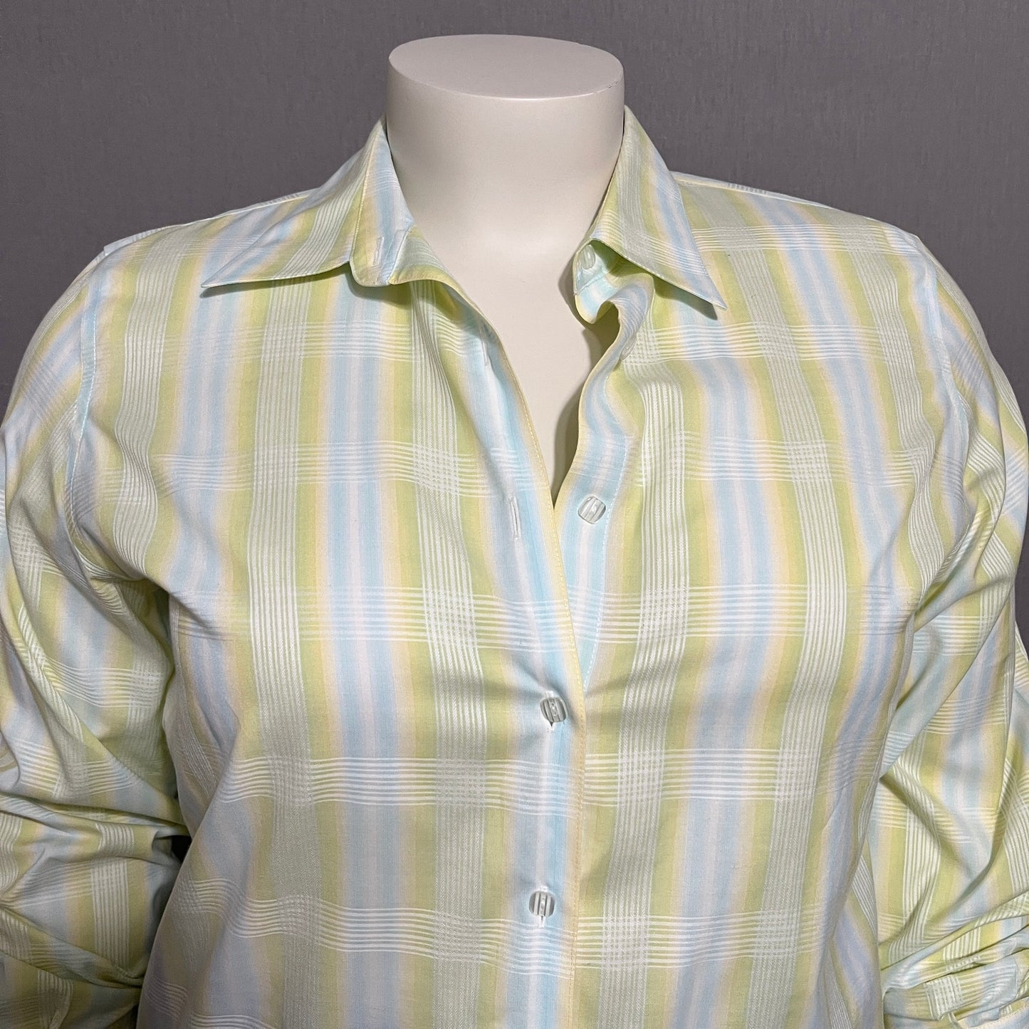 Women Checkered Print Spring Button Front Shirt Sz-16 Pale Yellow Blue Green