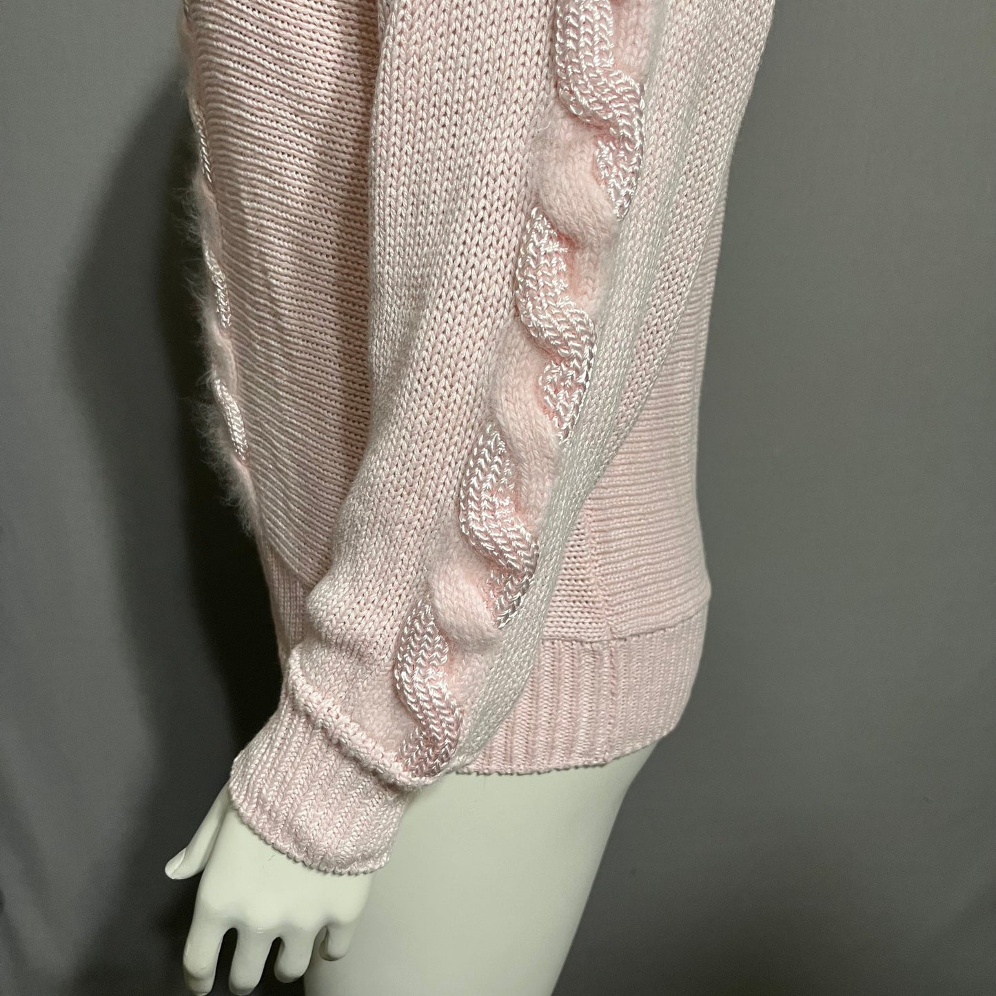 Vintage Angenie Pink Braided V-Neck Floral Applique Sweater Sz-Medium