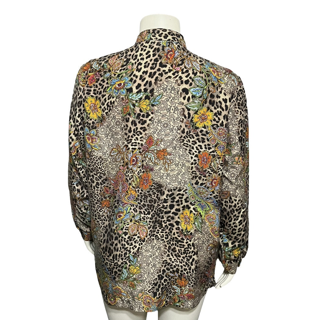 Go Silk Floral Animal Print Tunic Art To Wear Blouse Sz-Large