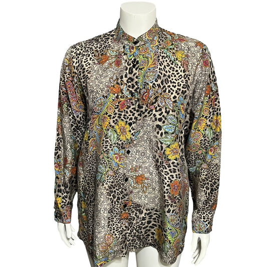 Go Silk Floral Animal Print Tunic Art To Wear Blouse Sz-Large