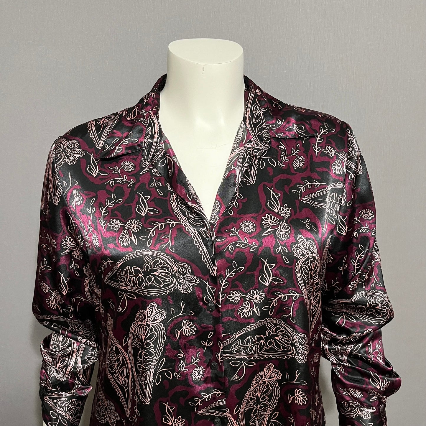 Notations Purple Satin Floral Print Long Sleeve Button Front Blouse Sz-Large