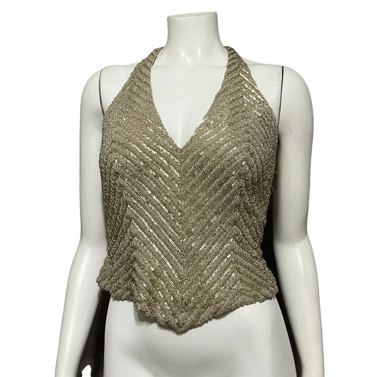 Carmen Marc Valvo Gold 100% Silk Beaded Halter Cocktail Top Sz-6