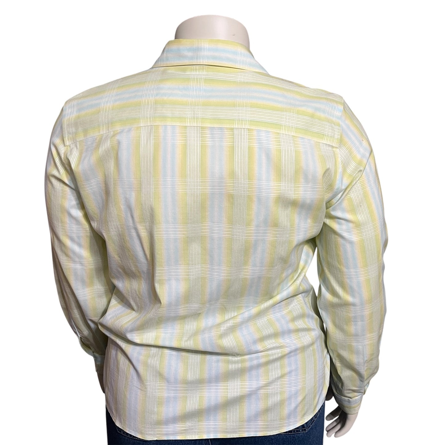 Women Checkered Print Spring Button Front Shirt Sz-16 Pale Yellow Blue Green