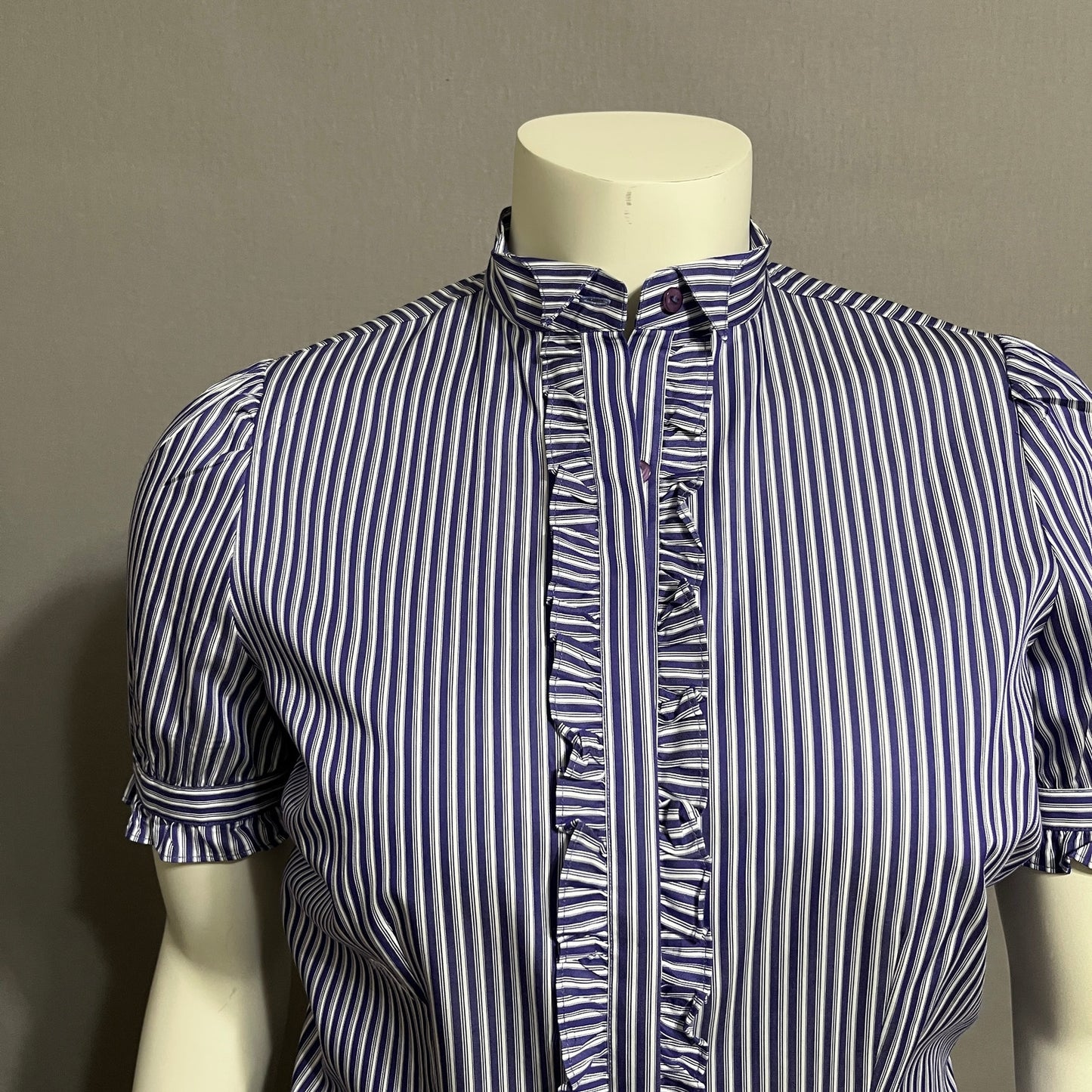 Thomas Pink Womens Purple 100% Cotton Striped Shirt Ruffle Short Sleeve  Sz-10