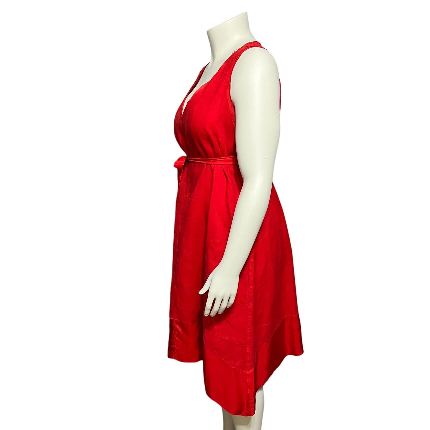 Sundance Red 100% Linen V-Neck Flare With Silk Trim Tie Dress Sz-Large