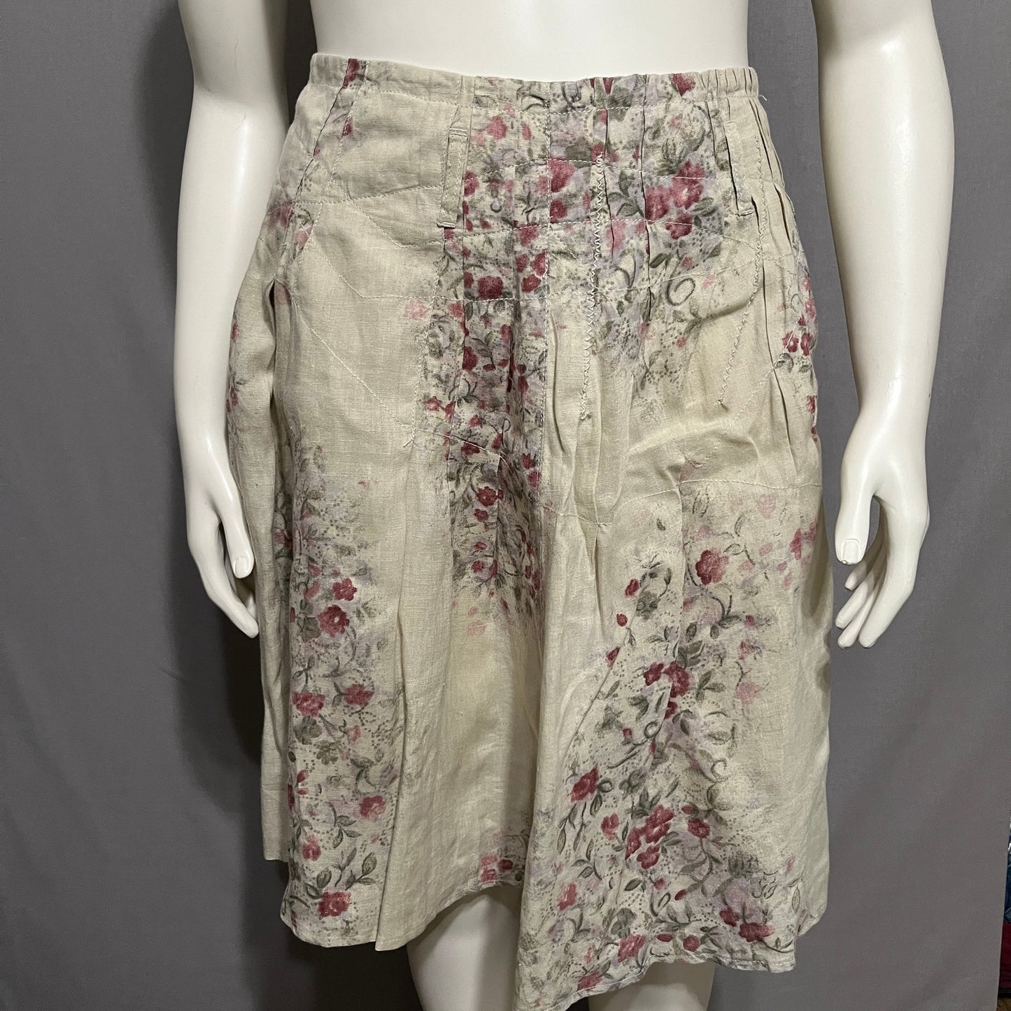 Blue Willis 100% Linen Floral Flare Pleated Skirt Sz-Medium