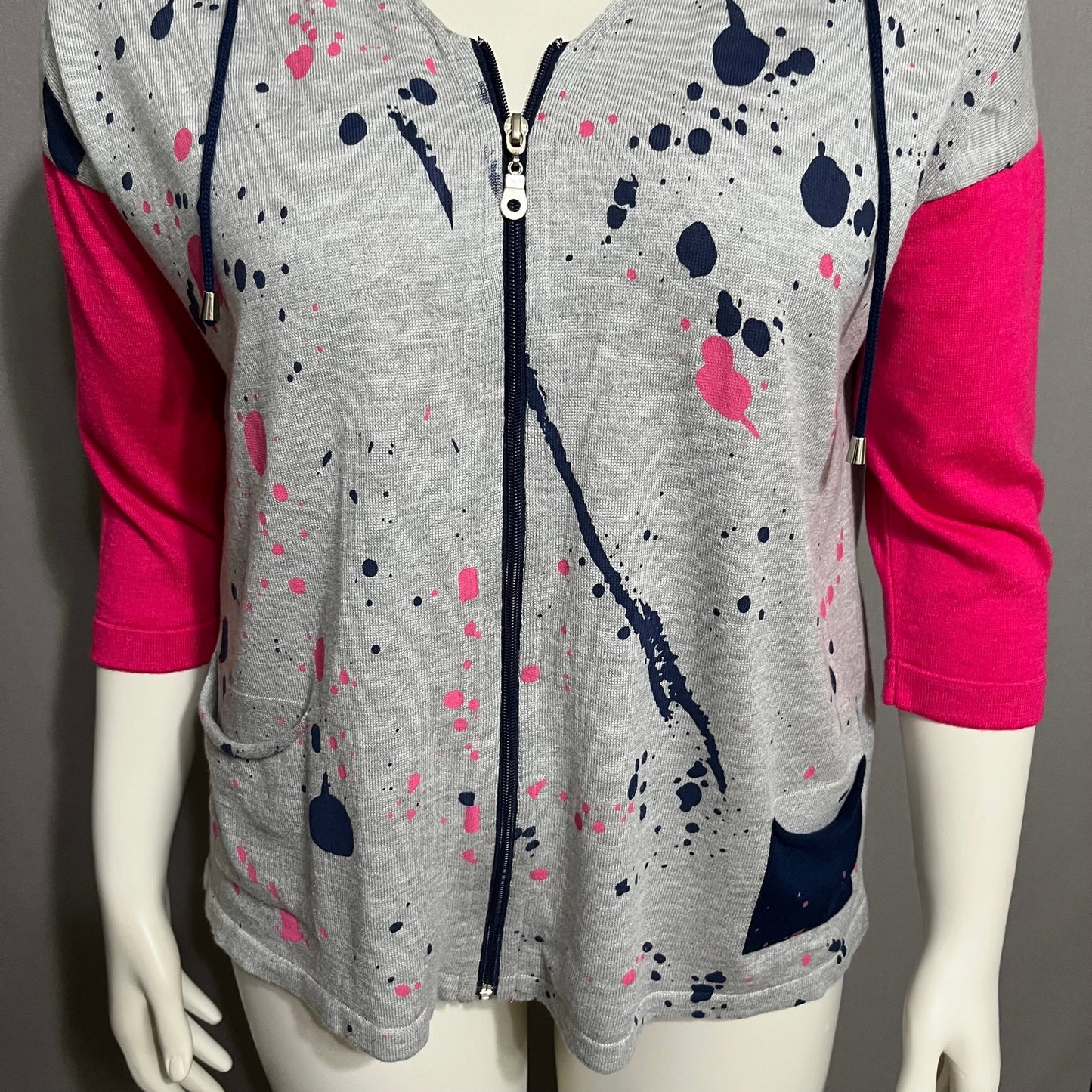 Angel Gray Paint Splatter With Pink Sleeve Zip Up Cardigan Sz-Medium