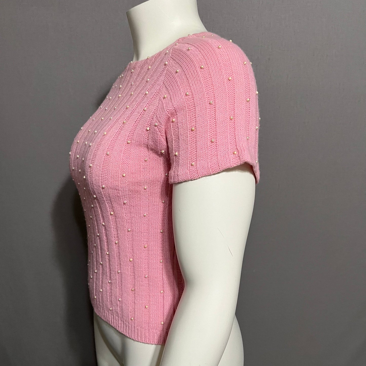 Vintage Pink Pearl Beaded Lightweight Short Sleeve Sweater Sz-Small/Med