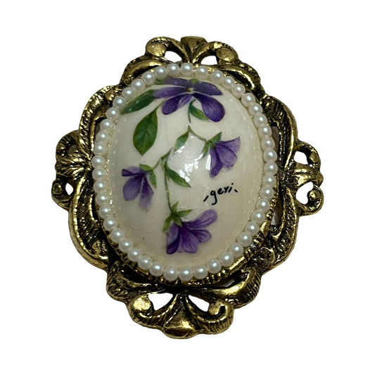 Vintage Antique Gold Porcelain Signed Floral Oval Brooch