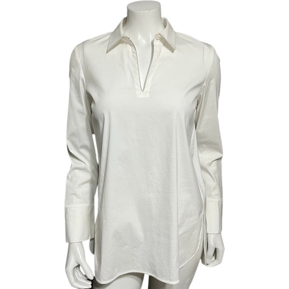 Lafayette 148 White Tunic Shirt With Silver Beaded Trim Sz-Small