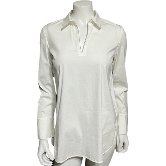 Lafayette 148 White Tunic Shirt With Silver Beaded Trim Sz-Small