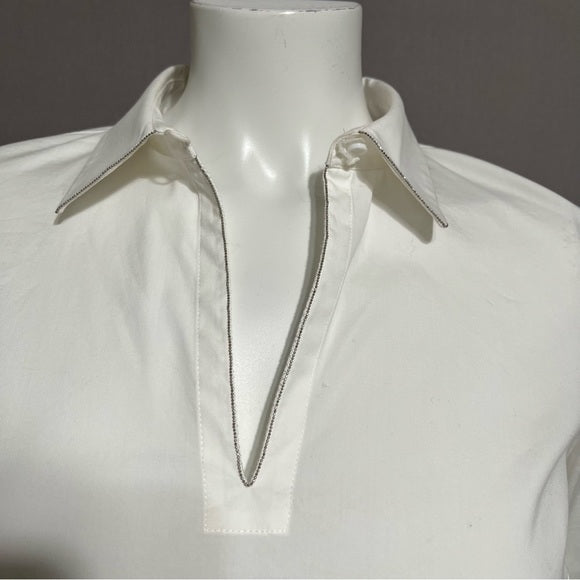 Lafayette 148 White Tunic Shirt With Silver Beaded Trim Sz-Small