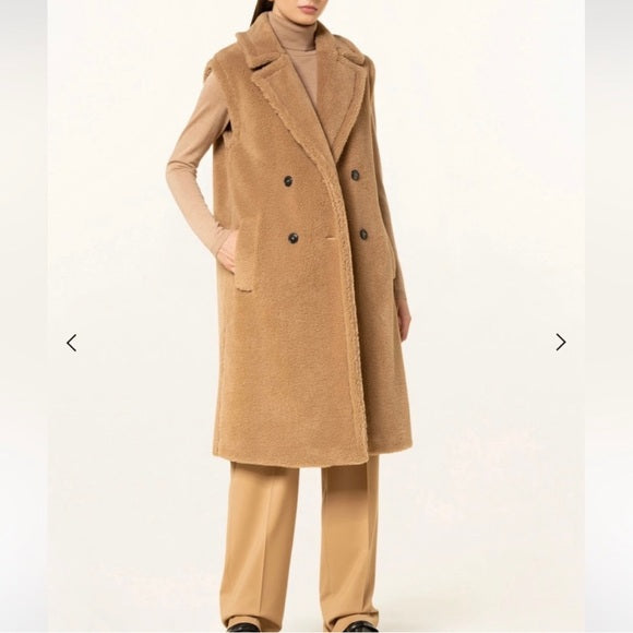 Marella Camel Wool Blend Sleeveless Oversized Coat Vest