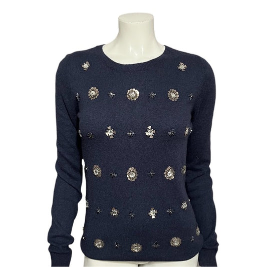 Quotation Navy Jeweled Sequin Beaded 100% Pure Cashmere Sweater Sz-Small