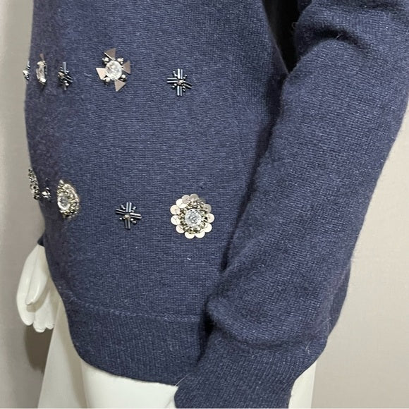 Quotation Navy Jeweled Sequin Beaded 100% Pure Cashmere Sweater Sz-Small