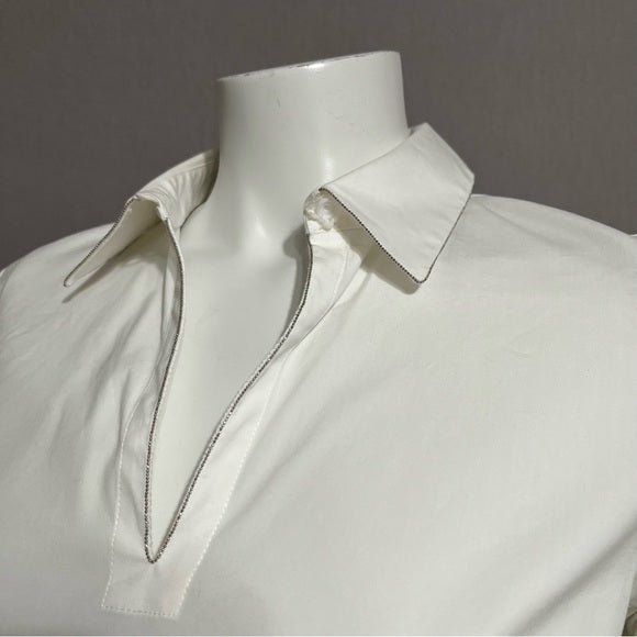 Lafayette 148 White Tunic Shirt With Silver Beaded Trim Sz-Small