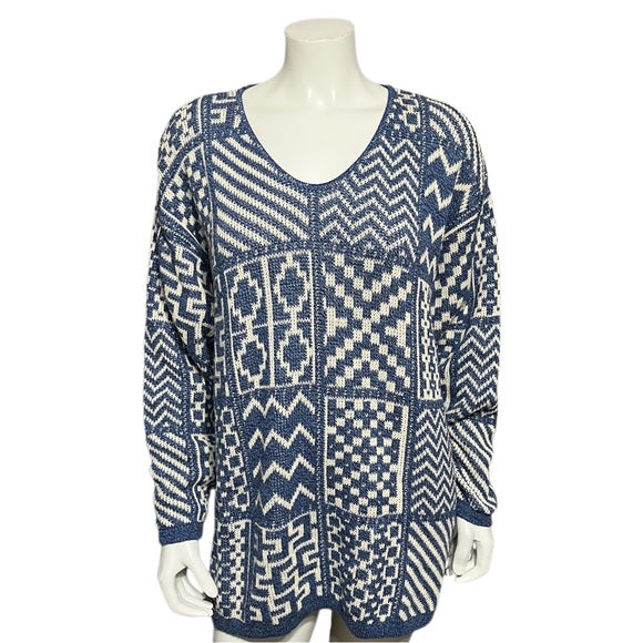 Isle Of Cotton 100% Cotton Blue | White Geometric Sweater Sz-Medium