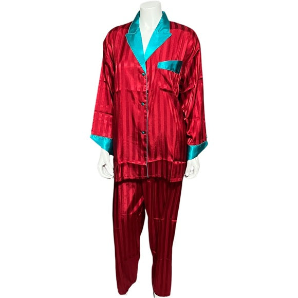 Suzanne Somers Red | Green Satin Stripe Pajamas Set Sz-Large