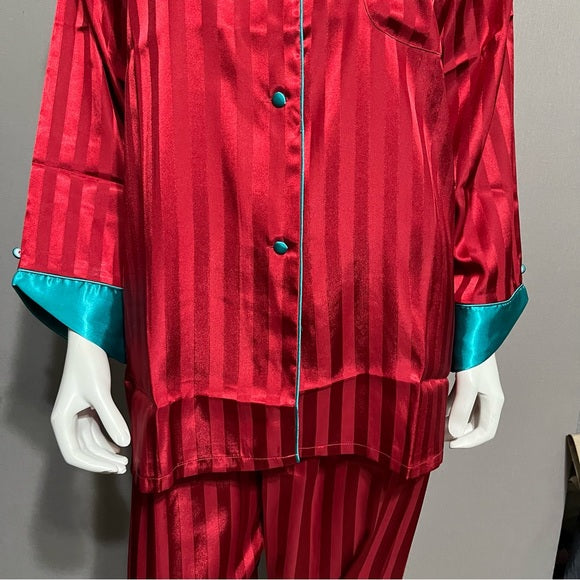 Suzanne Somers Red | Green Satin Stripe Pajamas Set Sz-Large