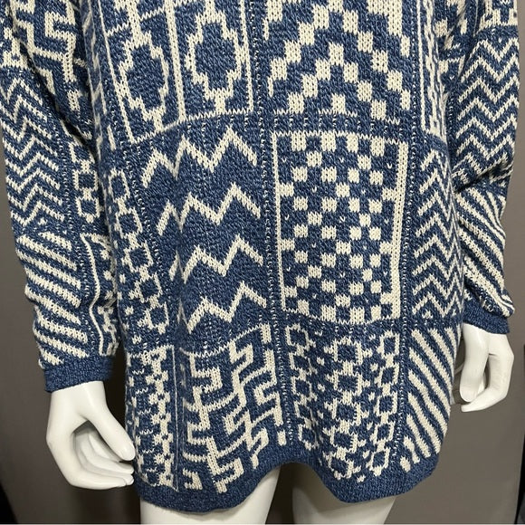 Isle Of Cotton 100% Cotton Blue | White Geometric Sweater Sz-Medium