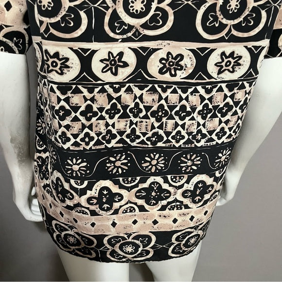 Nora Noh Black With Aztec Print 100% Silk Button Front Blouse Sz-Large