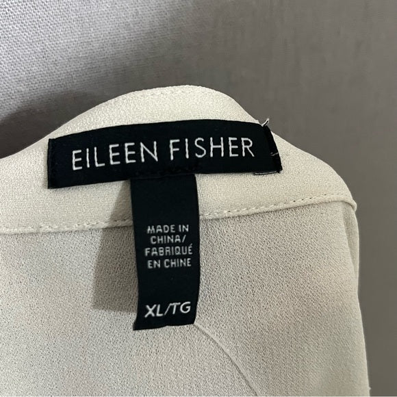 Eileen Fisher Ecru 100% Silk Button Front (FLAWED) Long Sleeve Blouse Sz-XL