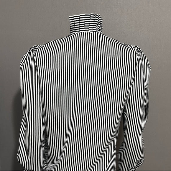 Vintage Blouseworks Black White Striped Pleated Collar Sz- Medium