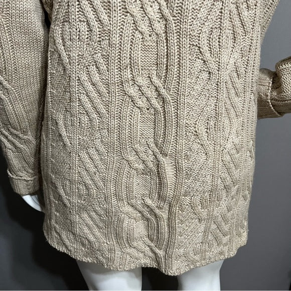 Talbots 100% Wool Tan Button Front Cable Knit Chunky Cardigan Sz-XL