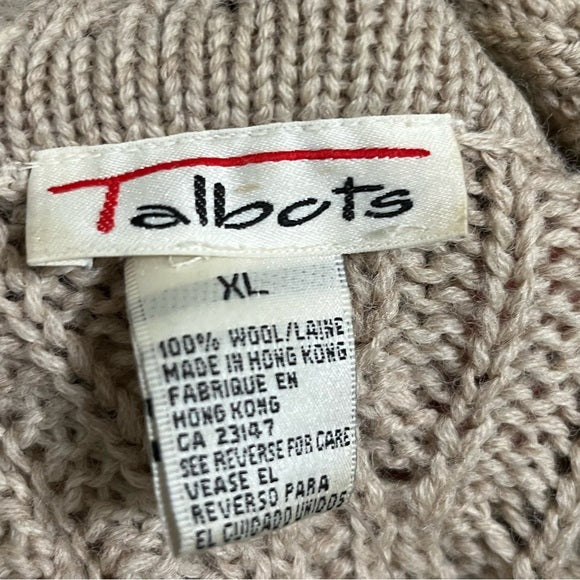 Talbots 100% Wool Tan Button Front Cable Knit Chunky Cardigan Sz-XL