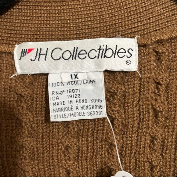 J.H. Collectibles 100% Wool Brown Cable Knit Sleeveless Vest Sz-1X