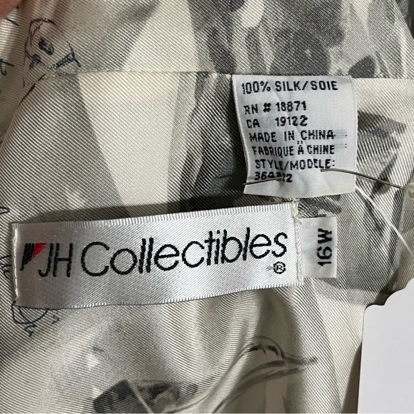 J.H. Collectibles Postcards Print Cream & Gray 100% Silk Blouse Sz-16W