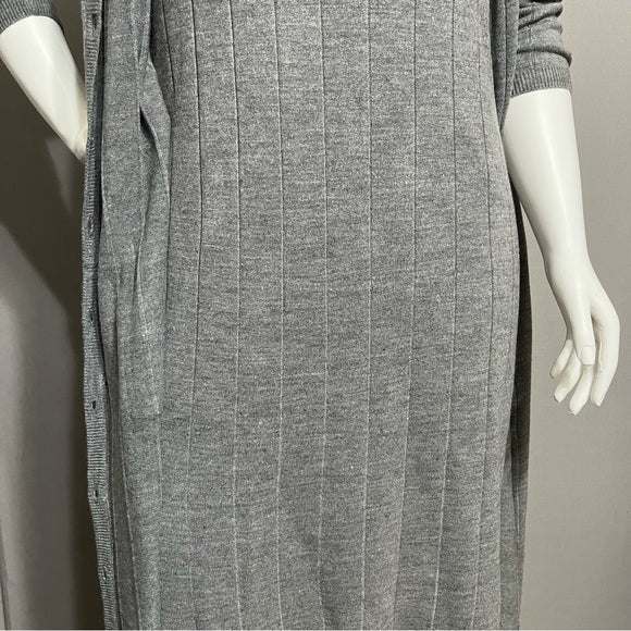 Roaman’s Gray Ribbed 2 Pc Knit Duster Cardigan & Dress Set Sz-Large