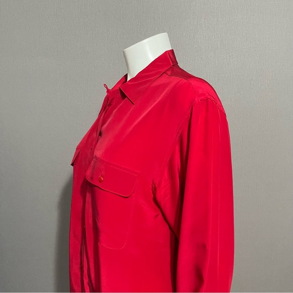 Vintage Sea Winds 100% Silk Red Long Sleeve Blouse Sz-12 (Flawed)