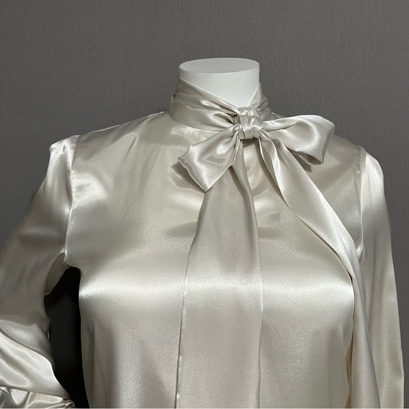 Liz Baker Ecru Bow Tie Neck Satin Long Sleeve Blouse Sz-18 Tall