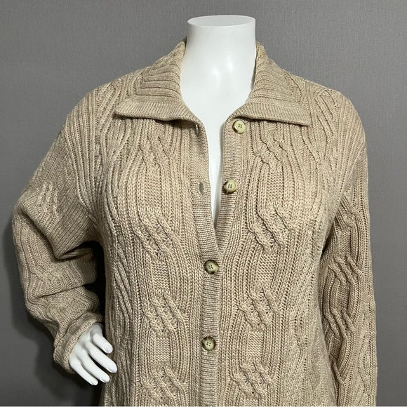 Talbots 100% Wool Tan Button Front Cable Knit Chunky Cardigan Sz-XL