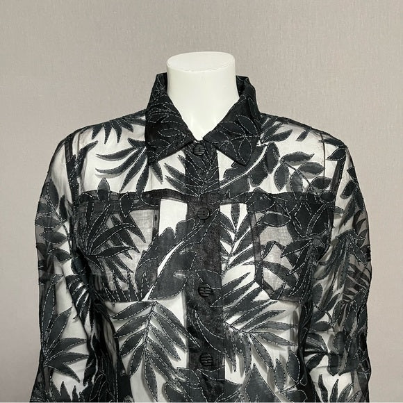 Black Mesh Leaf Print Lightweight Blazer Sz-Medium