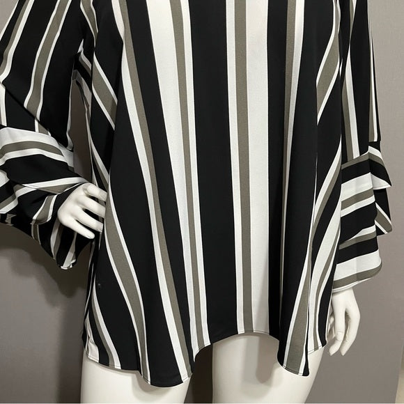 Alfani Stripe Blouse Black | Taupe Ruffle Sleeve Top Sz-3X