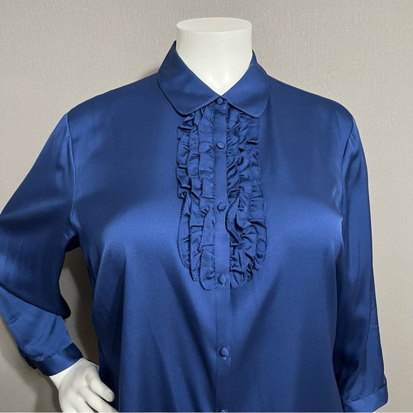 Talbots Blue Silk Ruffle Button Front Blouse Sz-18W