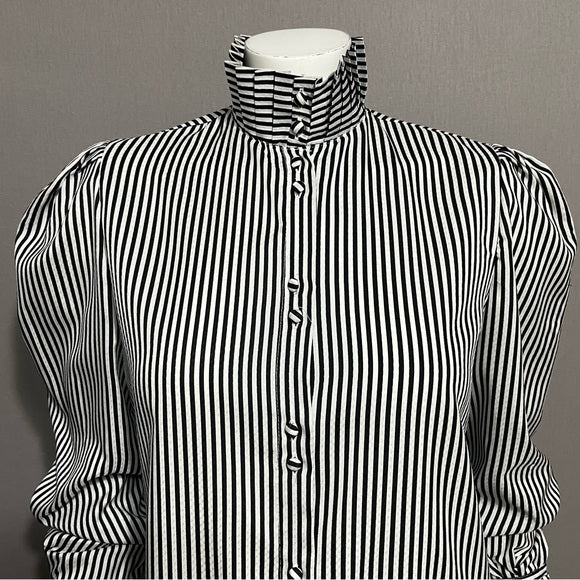 Vintage Blouseworks Black White Striped Pleated Collar Sz- Medium