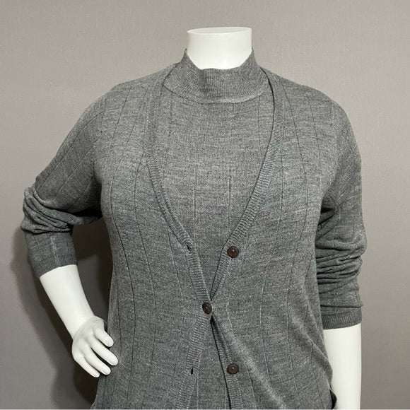 Roaman’s Gray Ribbed 2 Pc Knit Duster Cardigan & Dress Set Sz-Large