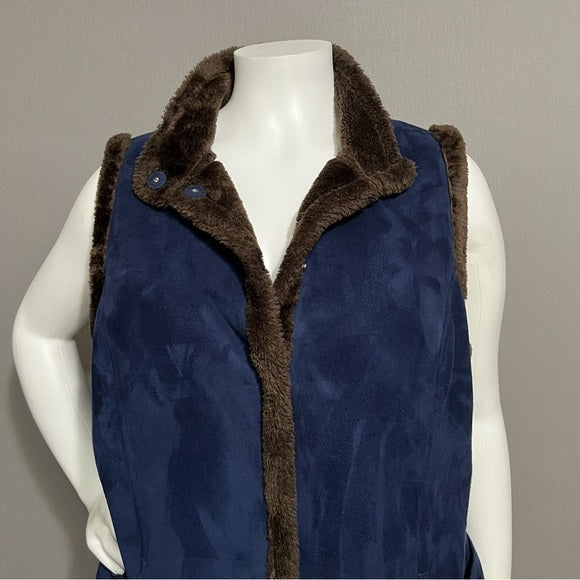 Denim & Co Blue & Brown Faux Fur Lined Vest Sz-1X